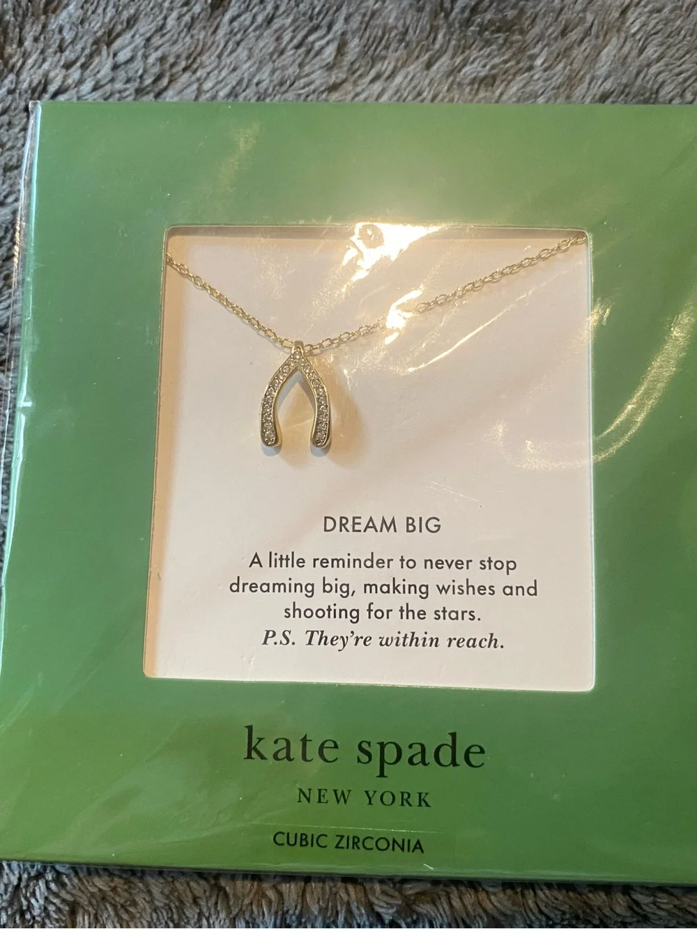 Kate Spade Gold Tone Wishbone “Dream Big” Pendant Necklace with Clear Stones $68